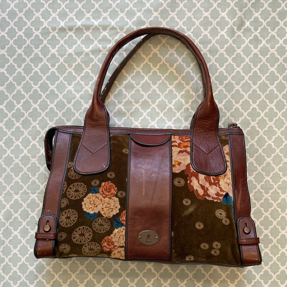Fossil Vintage Reissue Revival Floral Velvet Tote Green